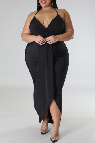 Black Sexy Solid Patchwork Backless V Neck Sling Dress Plus Size Dresses