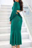 Green Casual Solid Basic V Neck Long Sleeve Dresses