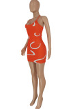Tangerine Red Sexy Print Patchwork Backless Halter Pencil Skirt Dresses