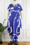 Vestido azul casual estampado básico com decote em O e manga curta vestidos tamanho grande