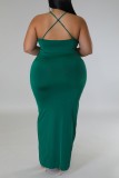 Vestido de honda con cuello en V sin espalda de patchwork sólido sexy verde Vestidos de talla grande