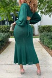 Vestidos de manga larga con cuello en V básicos sólidos casuales verdes