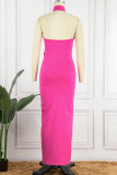 Розово-красное сексуальное однотонное длинное платье с открытой спиной и разрезом через шею