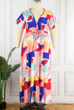 Veelkleurige casual print Basisjurk met V-hals, korte mouwen Grote maten jurken