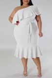 White Casual Solid Patchwork Backless Oblique Collar Plus Size Dresses
