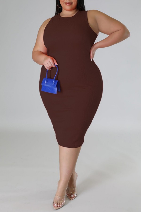 Coffee Casual Solid Basic O Neck Sleeveless Dress Dresses