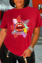 Rote, lässige, mit Lippen bedruckte Patchwork-T-Shirts mit O-Ausschnitt