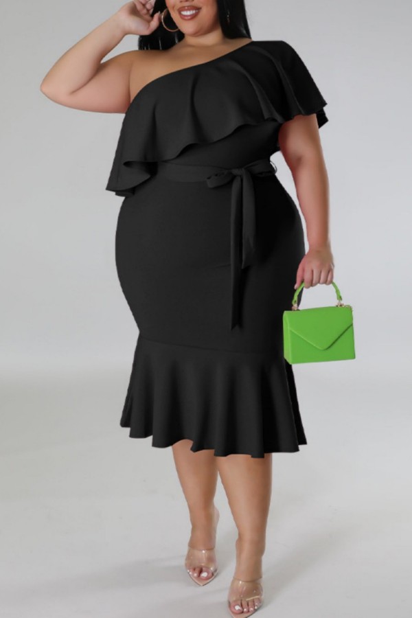 Zwart casual effen patchwork rugloze schuine kraag Grote maten jurken