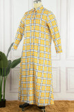 Vestido camisero con cuello vuelto y patchwork con estampado informal amarillo Vestidos de talla grande (sin cinturón)