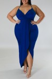 Blaues, sexy, festes, rückenfreies Patchwork-Kleid mit V-Ausschnitt und Kleidern in Übergröße