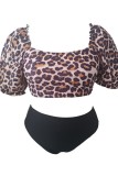 Leopard Print Sexy Print Leopard Backless Square Collar Plus Size Swimwear (With Paddings)