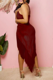 Deep Red Sexy Solid Tassel Halter Waist Skirt Dresses
