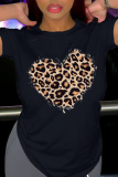 Camisetas casuales negras con cuello redondo y patchwork de leopardo callejero