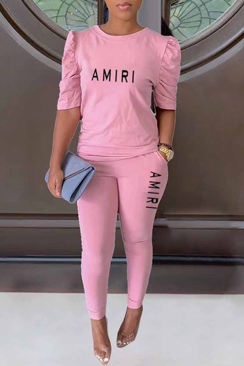 

Pink Casual Print Letter O Neck Short Sleeve Two Pieces