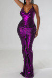 Фиолетовые сексуальные однотонные лоскутные платья с открытой спиной и складками на бретельках