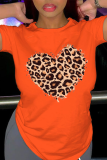 Marineblauwe Casual Street Leopard Patchwork T-shirts met O-hals
