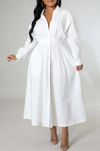 White Casual Solid Patchwork Buckle Turndown Collar Shirt Dress Dresses