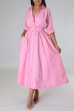 Розовое повседневное однотонное платье-рубашка в стиле пэчворк с отложным воротником и пряжкой Платья Платья