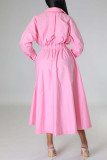 Розовое повседневное однотонное платье-рубашка в стиле пэчворк с отложным воротником и пряжкой Платья Платья