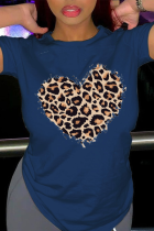 Camisetas con cuello en O de patchwork de leopardo de calle casual azul marino