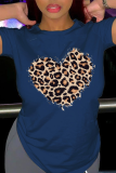 Svarta Casual Street Leopard Patchwork O-hals T-shirts