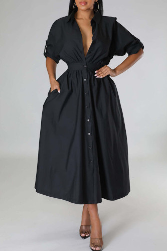 Black Casual Solid Patchwork Buckle Turndown Collar Shirt Dress Dresses