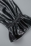 Vestidos pretos casuais sólidos básicos manga longa com decote em O e tamanhos grandes