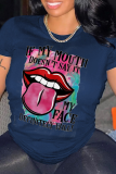Red Fashion Street Lips Printed Patchwork Letter O Neck T-Shirts