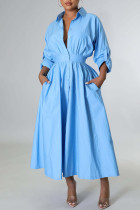 Небесно-голубое повседневное однотонное платье-рубашка в стиле пэчворк с отложным воротником и пряжкой Платья