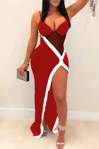 赤いセクシーな無地パッチワーク シースルー スリット スパゲッティ ストラップ スリング ドレス ドレス