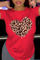 Red Casual Street Leopard Patchwork O Neck T-Shirts
