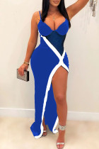 Синее сексуальное однотонное платье в стиле пэчворк с прозрачным разрезом на тонких бретельках Платья Платья
