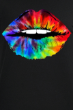 Camisetas con cuello en O de patchwork estampado de labios vintage de calle negra