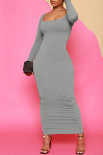 Grey Casual Solid Patchwork U Neck Straight Dresses