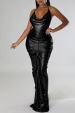 Black Sexy Solid Patchwork Backless Fold Halter One Step Skirt Dresses
