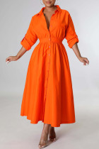 Tangerine Red Повседневное однотонное платье-рубашка в стиле пэчворк с отложным воротником и пряжкой Платья Платья