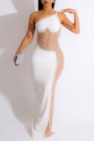 Rose Sexy Patchwork Hot Drilling See-through Backless Spaghetti Strap Robes Longues