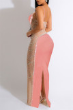 Roze sexy patchwork hete boren doorzichtige rugloze lange jurkjurken met spaghettibandjes