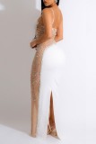 Rose Sexy Patchwork Hot Drilling See-through Backless Spaghetti Strap Robes Longues