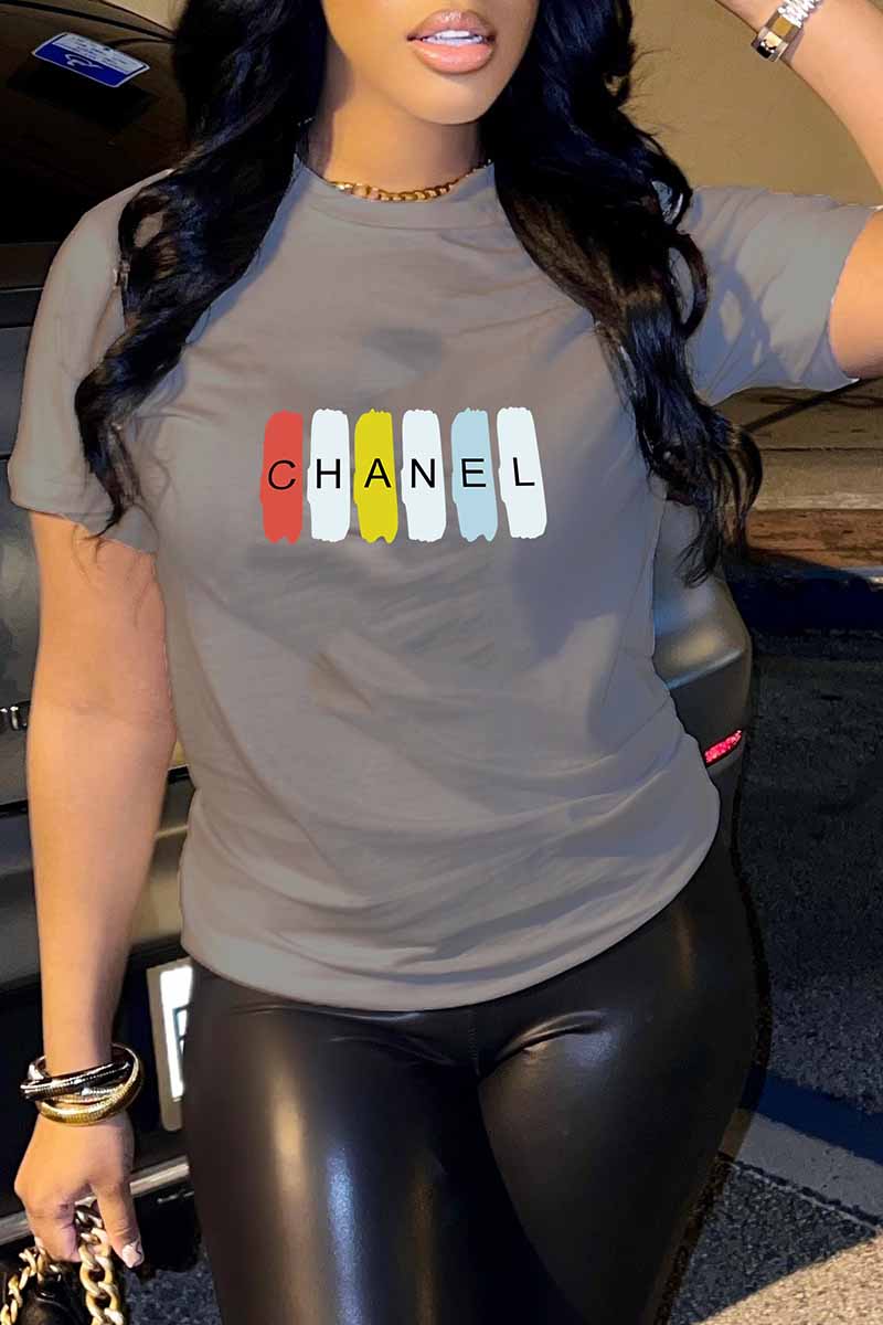 

Grey Casual Print Letter O Neck T-Shirts