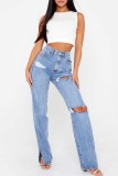 Svart Casual Solid Ripped Patchwork Vanliga jeans med hög midja