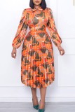 Оранжевые повседневные платья с длинными рукавами и отложным воротником в стиле пэчворк (без пояса)