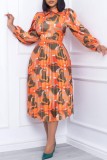 Orange Casual Print Patchwork Turndown Collar Long Sleeve Dresses (Without Belt)