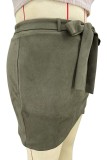 アーミーグリーン カジュアル ソリッド パッチワーク リボン付き プラスサイズ スカート