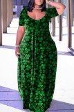 Fruit Green Sexy Casual Print Backless V Neck Robe à manches courtes Robes