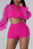 Rose Red Sexy Solid Patchwork Zipper Long Sleeve Two Pieces