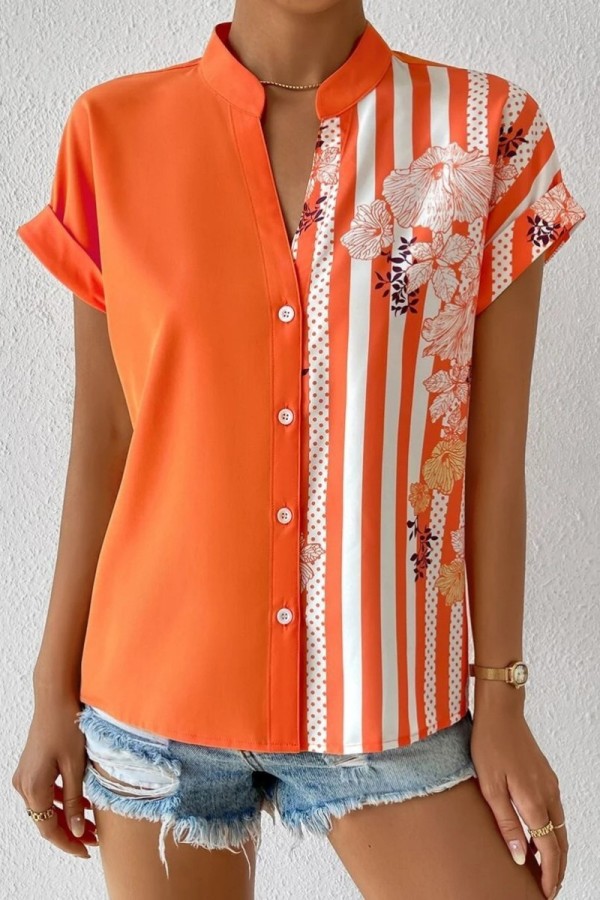 Blusas de patchwork com estampa casual vermelha tangerina decote em V