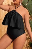 Black Sexy Solid Bandage Patchwork Backless Halter Plus Size Swimwear (With Paddings)