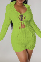 Fluorescent Green Casual Solid Bandage V Neck Long Sleeve Two Pieces