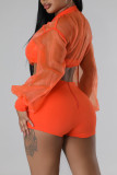 Tangerine Red Sexy Solid Patchwork Zipper Long Sleeve Two Pieces